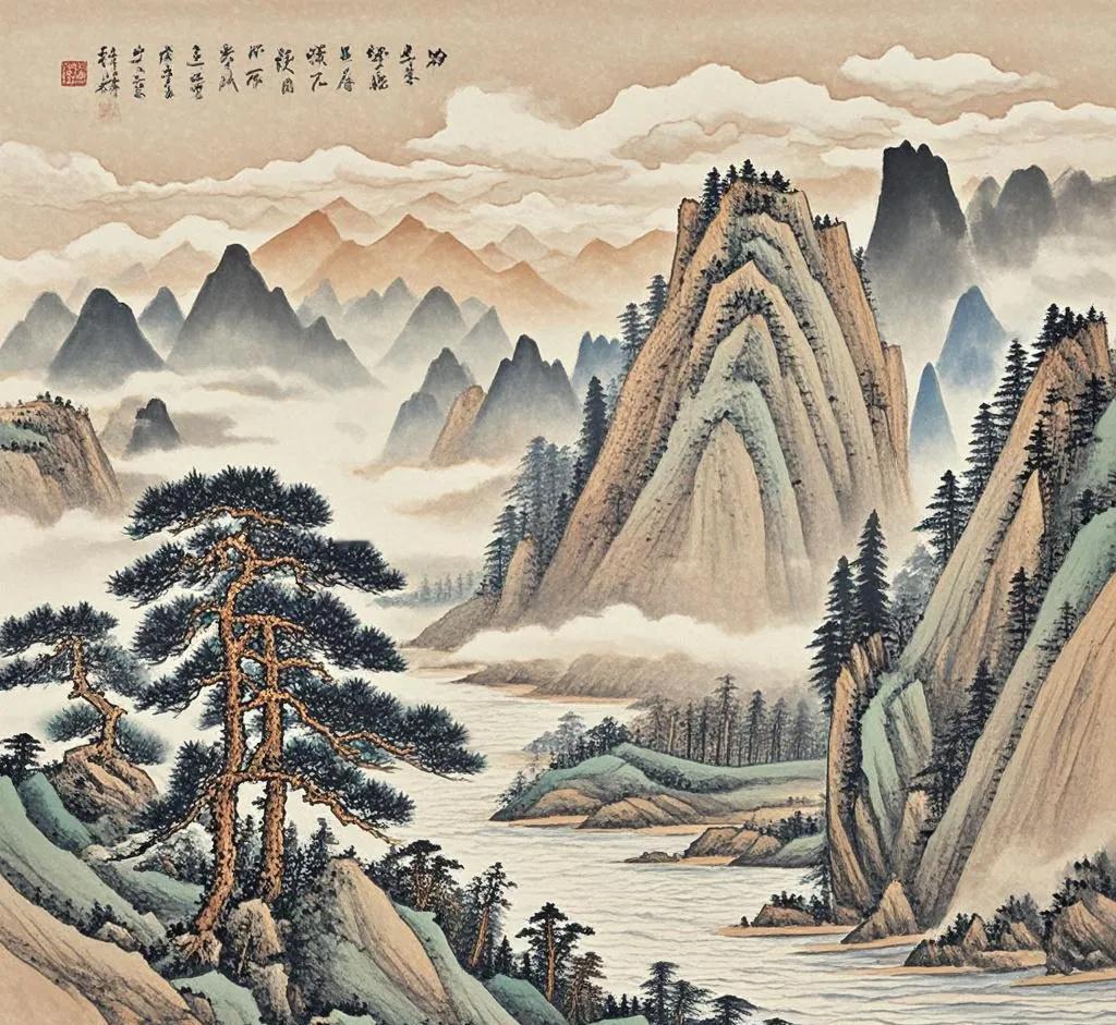 下联：挥毫书海天
 
解释：“落笔”对“挥毫”，都表示书写绘画的动作；“山水”对