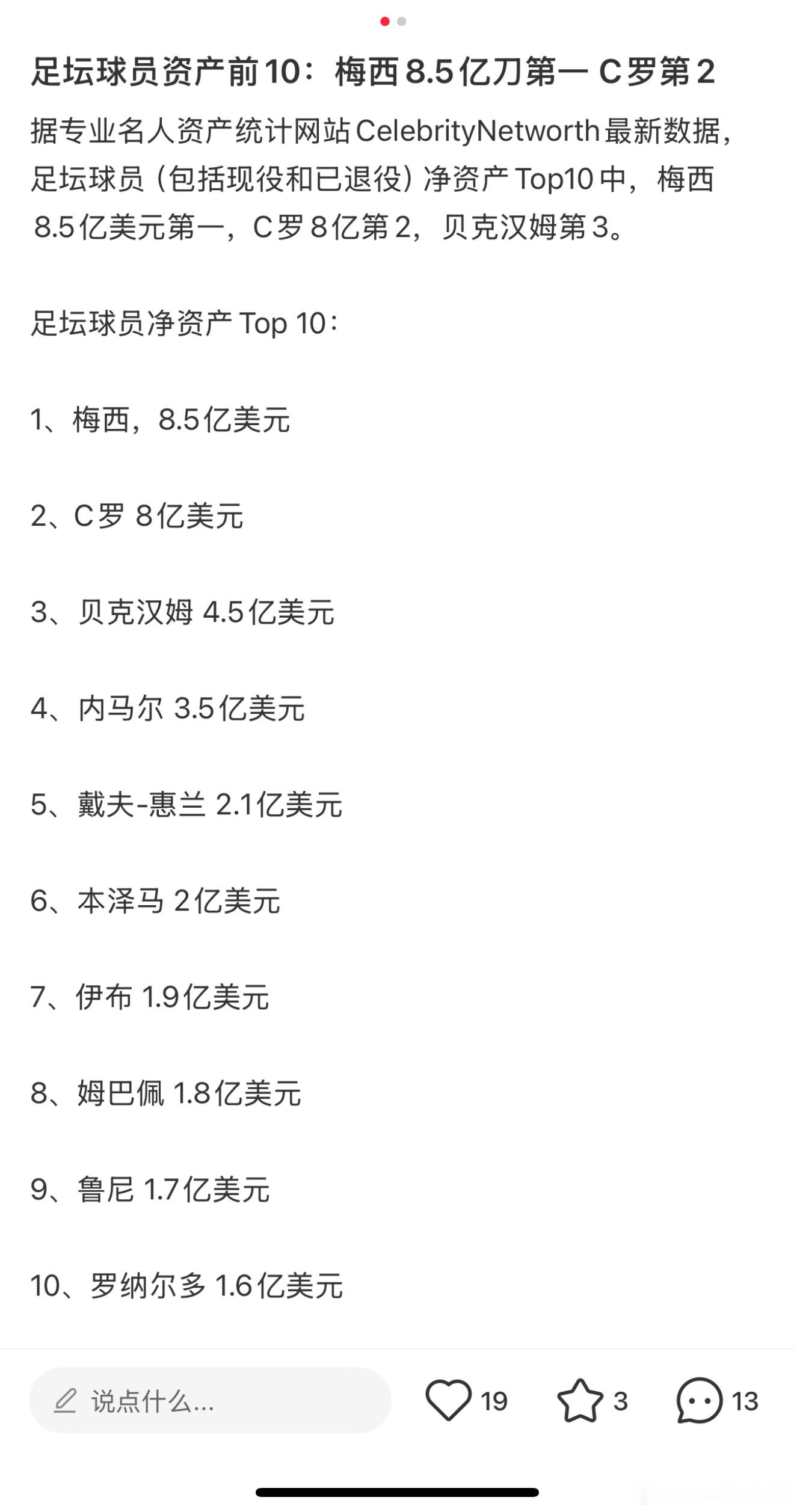 足坛球员资产前10：梅西8.5亿刀第一 C罗第2据专业名人资产统计网站Celeb