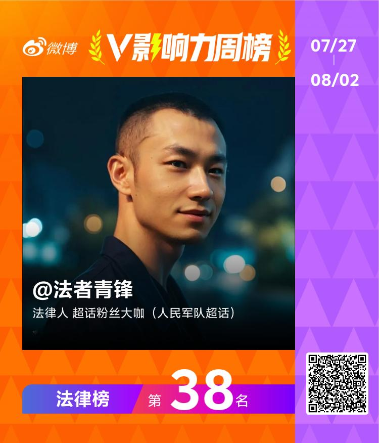 【V影响力榜 2026年第31周】「法律周榜」揭榜啦！恭喜获得榜单前三名。点此查