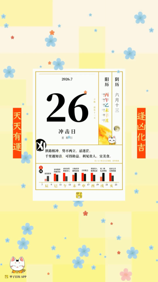 甲子日历 7 月 26 日，冲击日。狭路相冲，势不两立。忌迷茫。📆 星座人生