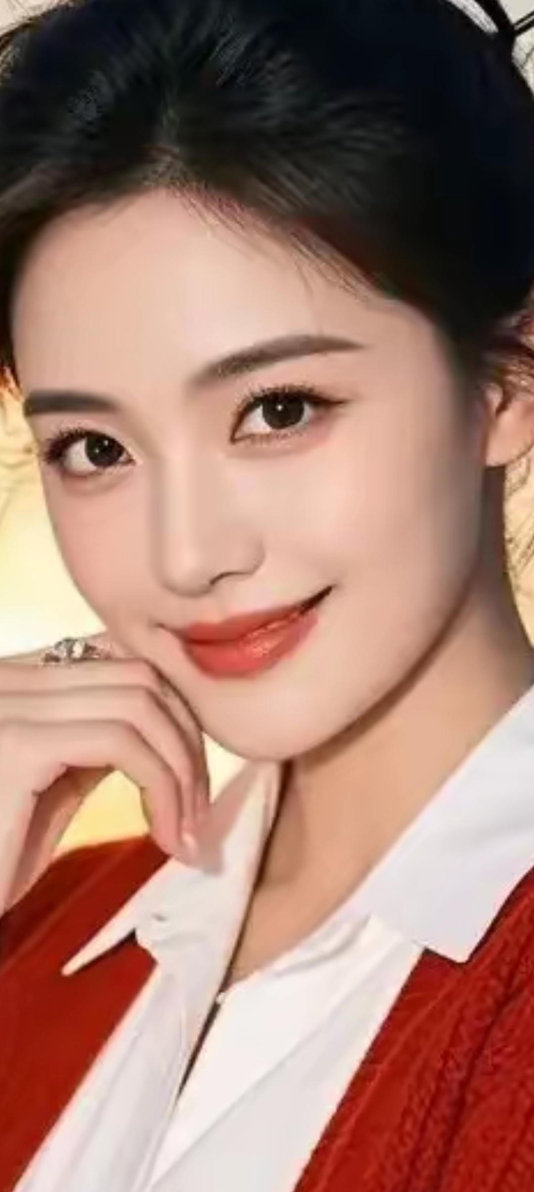 甜美微笑，红衣白衬，优雅迷人