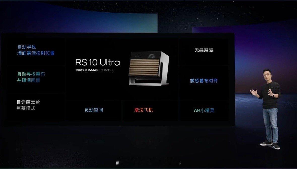 极米RS10 Ultra首发极米自研的全自动云台，搭配Eagle Eye鹰眼计算