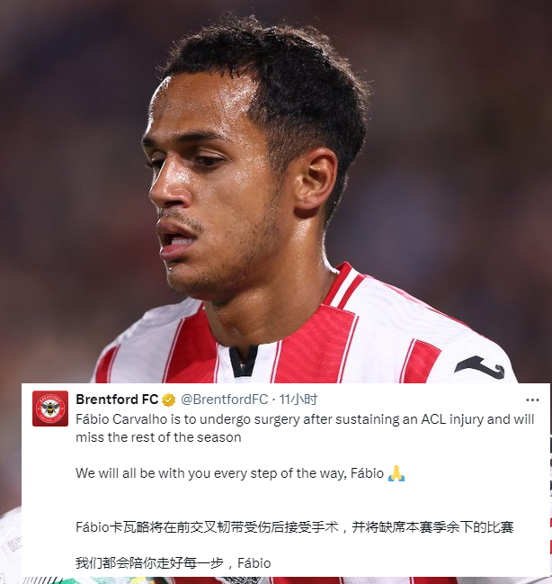 法比奥·卡瓦略因前交叉韧带（ACL）受伤确认赛季报销这位23岁的球员将接受手术治