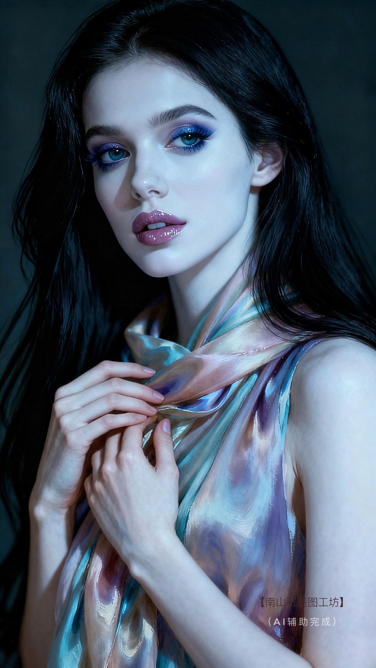 乌黑长发如墨瀑垂落，幻彩衣装似流光织就的梦。紫蓝眼妆漾满魅惑，指尖轻挽丝滑绸缎，