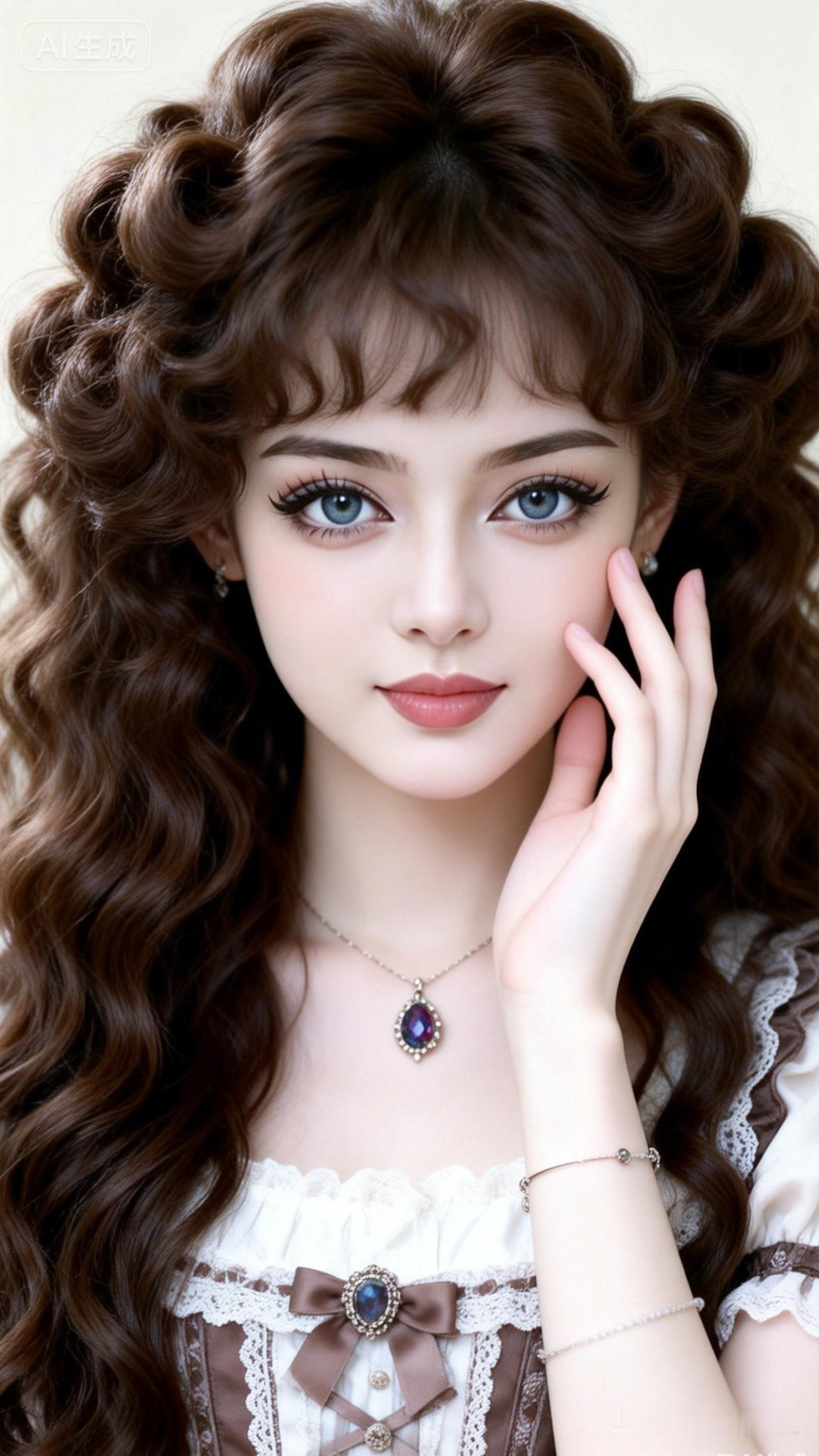 精致小美女幼态瓜子脸下颌利落，下至眼无辜软萌，瓷白皮蓬松深栗大肠卷，细链宝石坠，