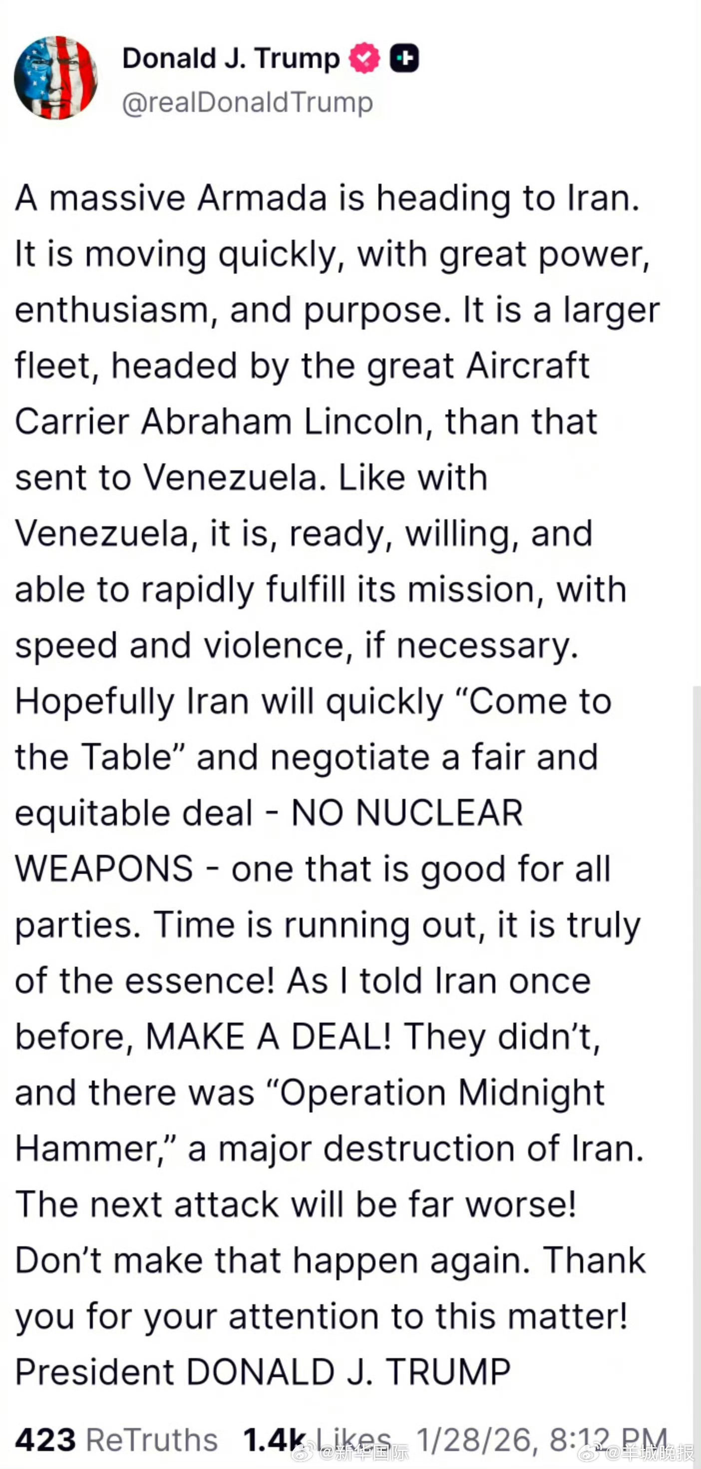 #特朗普发文一支庞大舰队正前往伊朗##特朗普称一支庞大舰队正前往伊朗#【特朗普：