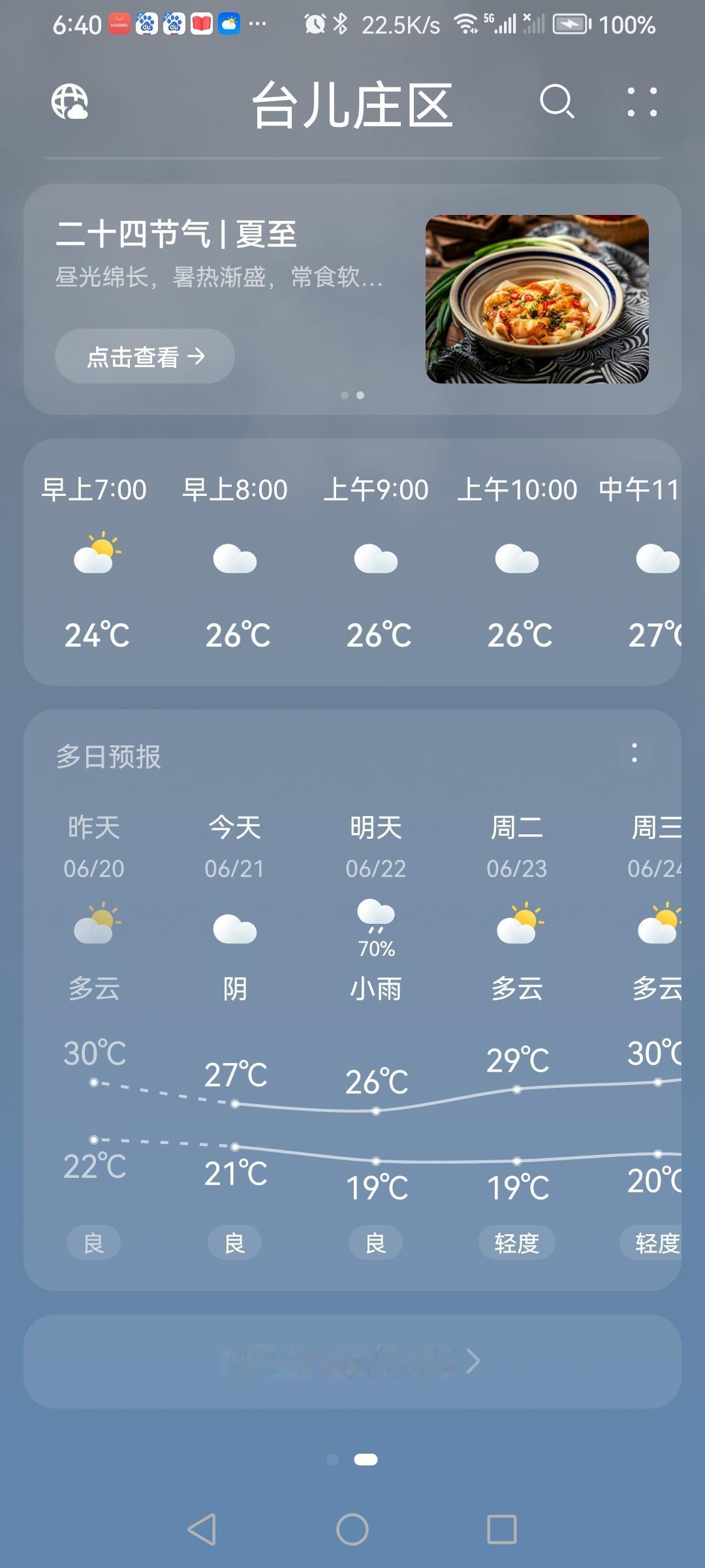 “6.21”星期天度，早晨天气预报“阴天”。气温21—27。晚上天气预报“小雨”