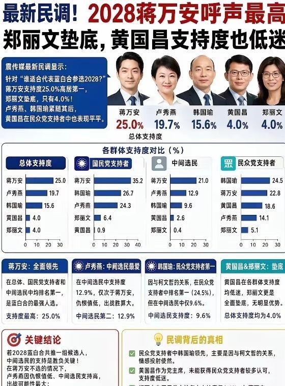 台湾生病了，郑丽文支持率4%。最新民调数据给出的结果相当残酷：蒋万安以25.0%