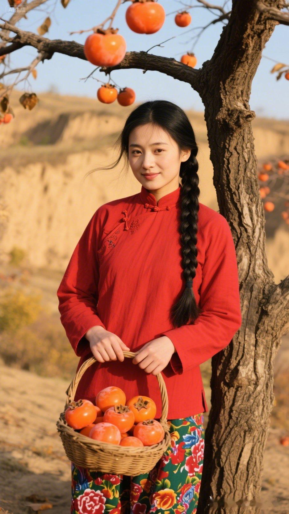 秋日收获，红衣少女与柿子树下的丰收时光。