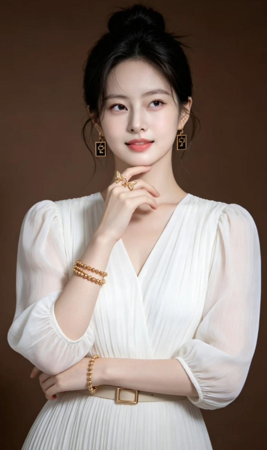 这位美女穿着白色连衣裙，搭配金色饰品，优雅迷人。