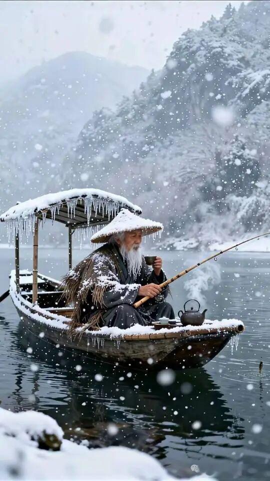 【七律•寒江独钓】漫空飞絮覆千峰，寒水凝烟意未慵。箬笠堆银遮鹤发，孤舟载雪卧疏筇