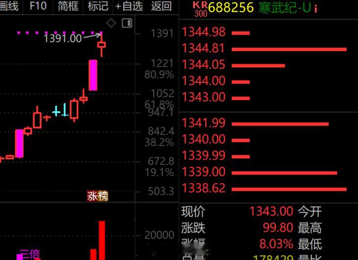 寒武纪高开超6%股价突破1300元 寒武纪争夺第一名失败！从超过茅台股价会到顶的