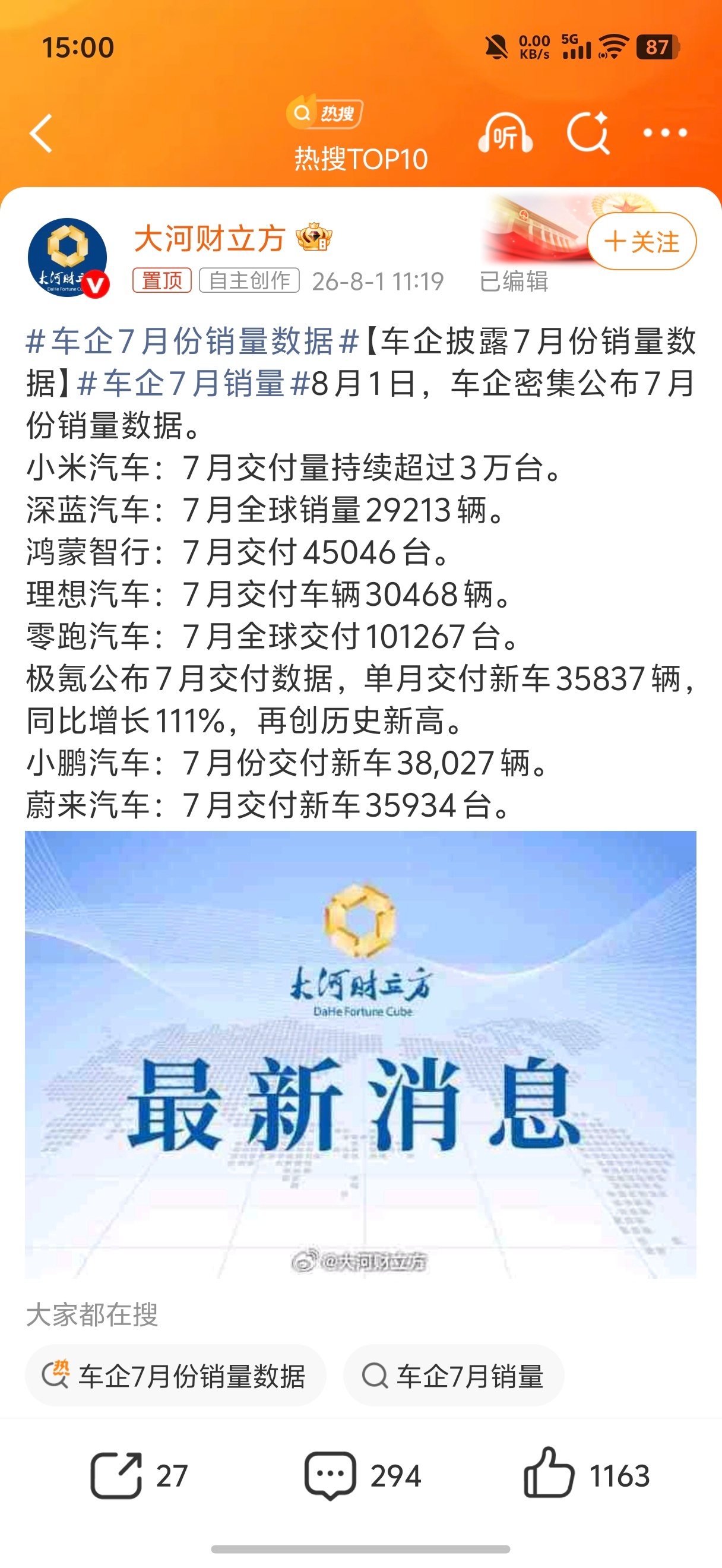 车企7月份销量数据零跑太猛了 