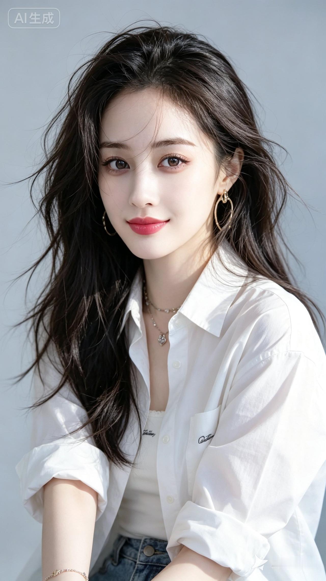 温柔甜美的少女，白色衬衫搭配金色耳环，清新自然，元气满满！🌸💕