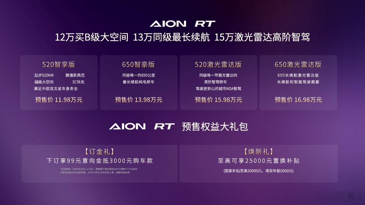 【售全球的埃安AION RT，预售11.98万-16.98万元，小鹏MONA M