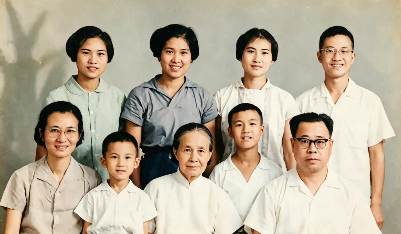 50年代，开国中将旷伏兆珍贵的全家福。前排右一是旷伏兆，身旁是妻子许更生，中间老