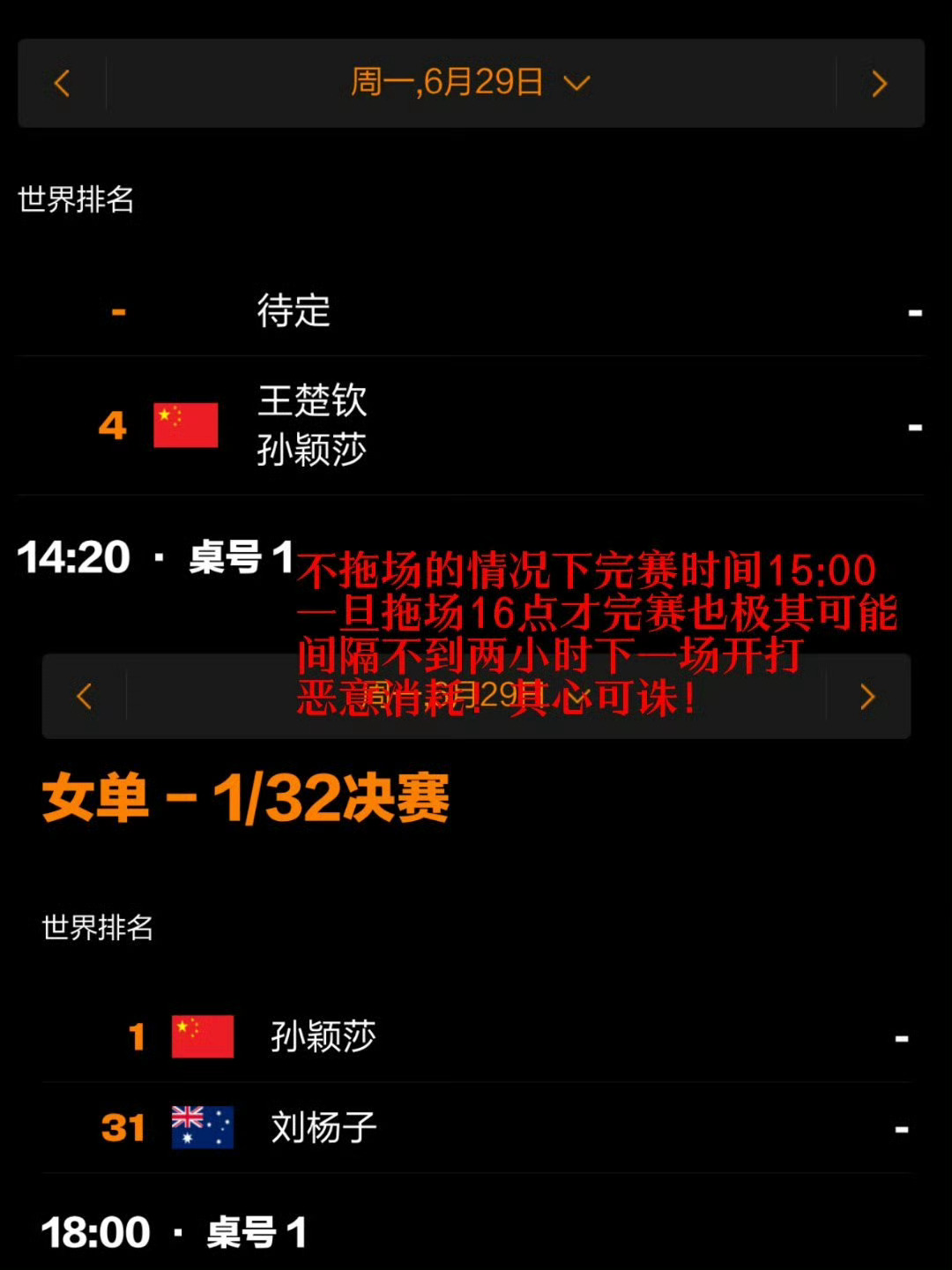 上半场14点20最后一场肯定拖场，下半场18点开场肯定准时开场，这样一来保证孙颖