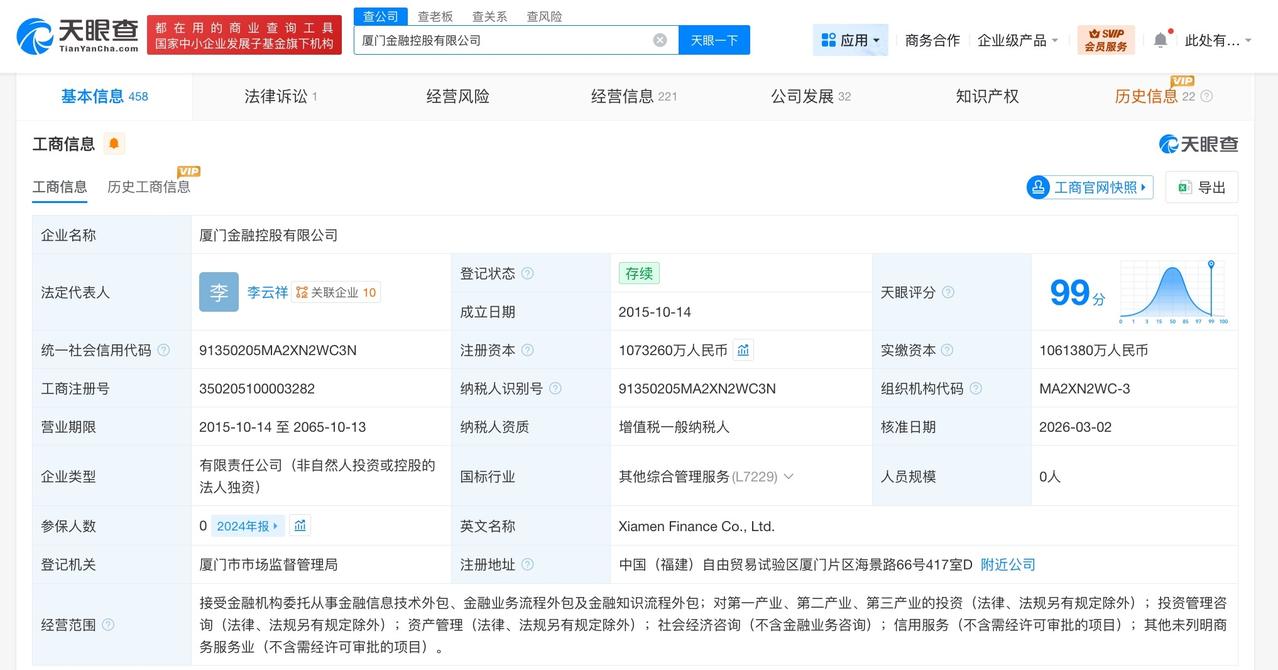 厦门金融控股公司增资至约107.3亿
天眼查工商信息显示，近日，厦门金融控股有限