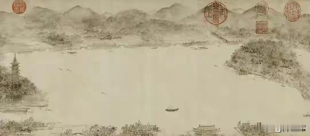 李嵩的《西湖图卷》。这画完全不是后世那种工工整整描西湖十景的路子，李嵩是南宋光宗