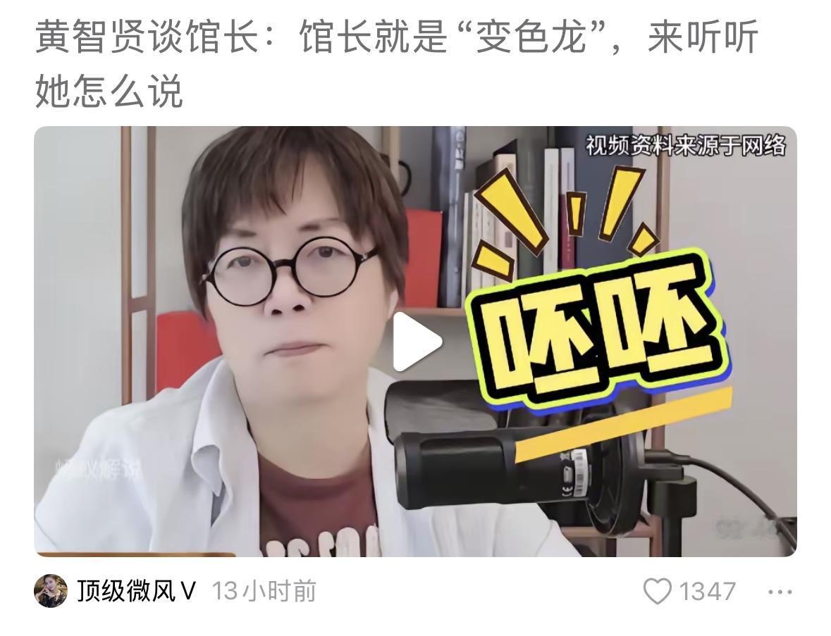 黄智贤对馆长在大陆的表现嗤之以鼻！什么两岸友好使者，呸呸！黄智贤说，馆长打压统派