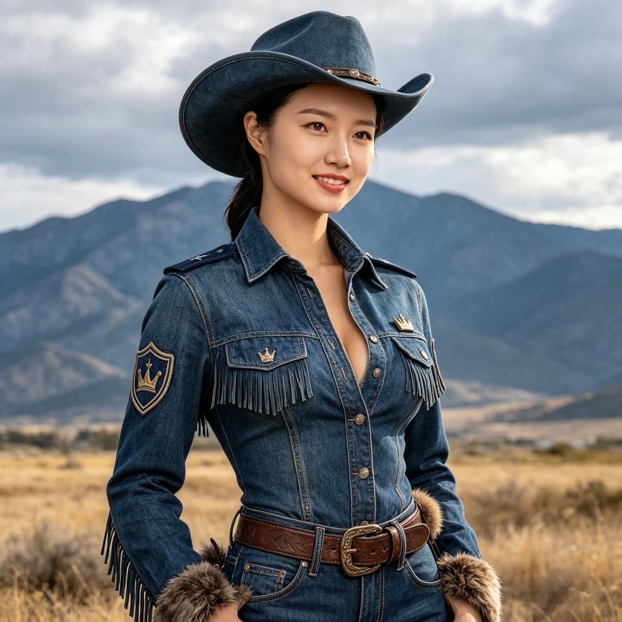 美女五官精致，苗条紧致身形，全套复古牛仔装配皇冠金属标、刺绣臂章与流苏皮饰，铜扣