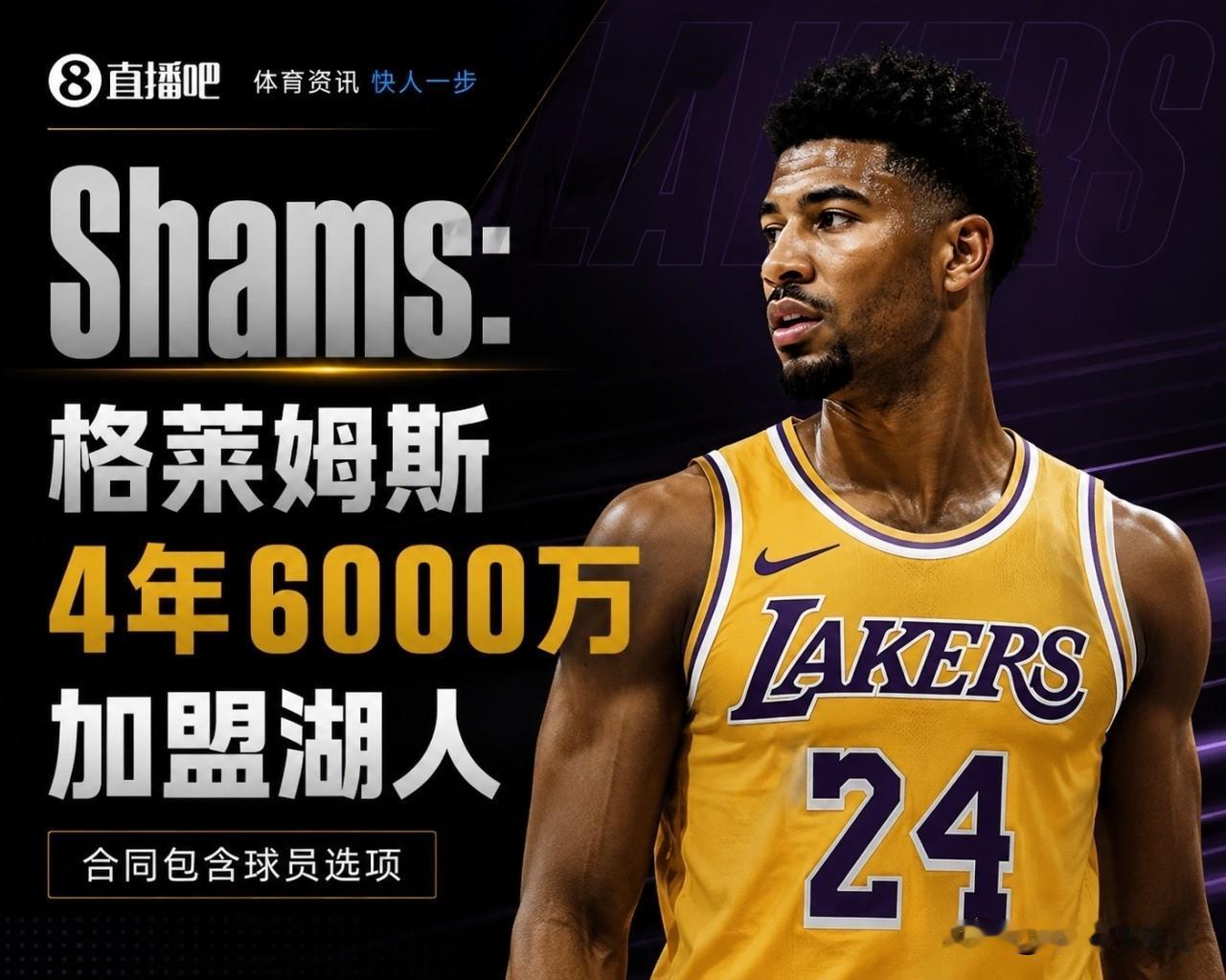 湖人队再添新员：格莱姆斯4年6000万加盟湖人，含球员选项！后场再升级


💥