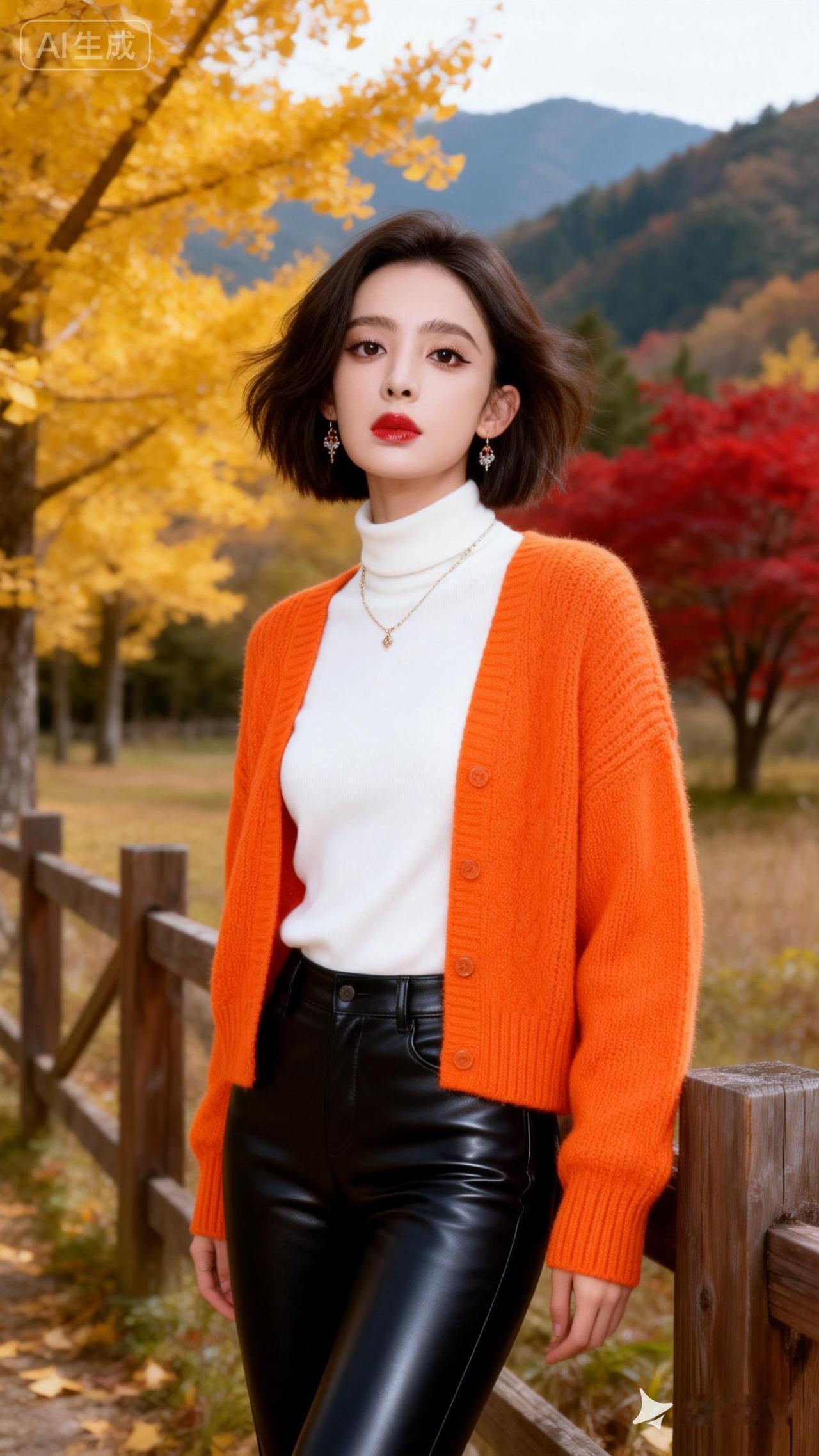 秋日穿搭指南：白色高领衫+橙色毛衣+黑色皮裤，时尚又保暖！