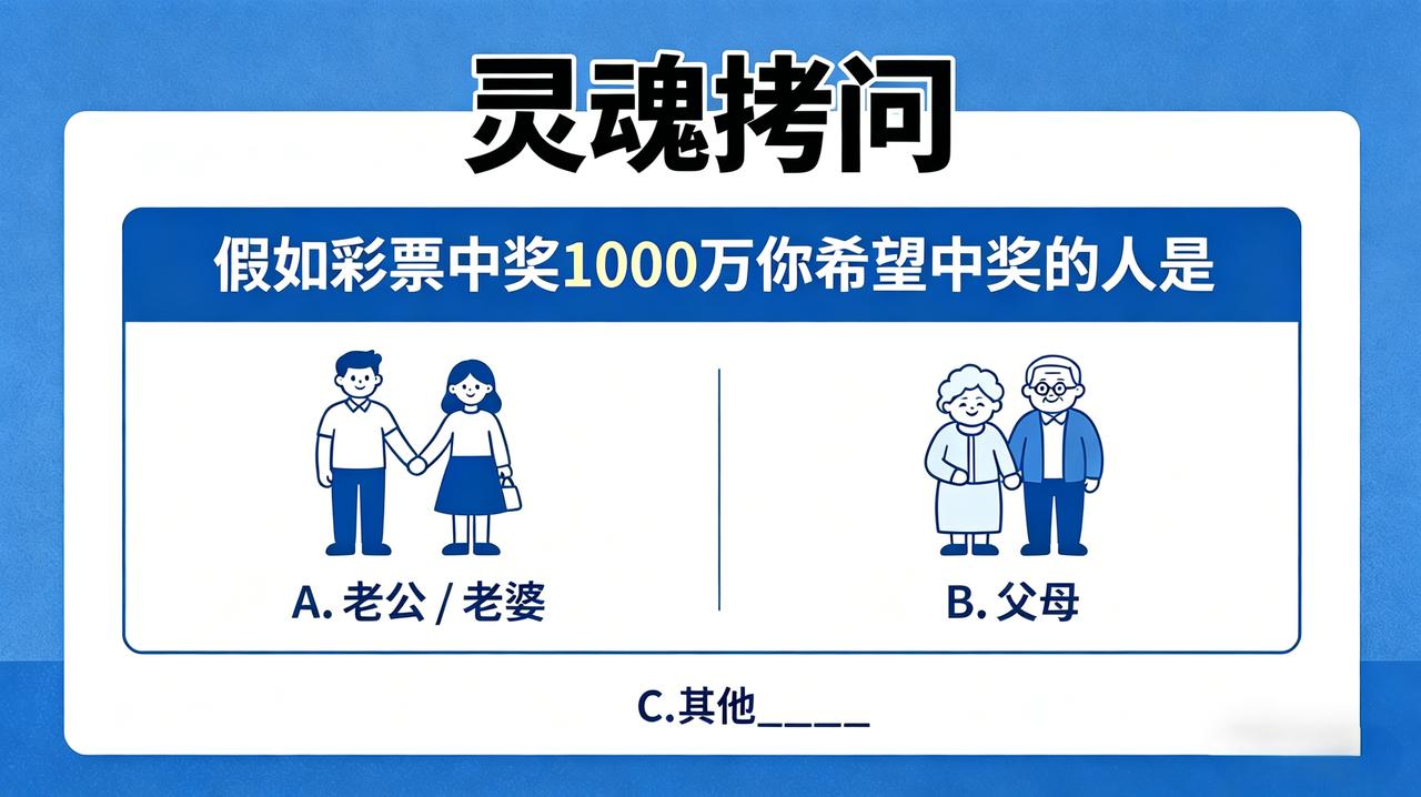 假如彩票中奖1000万，你希望中奖的人是：
A.老公/老婆
B.父母
C.其他_
