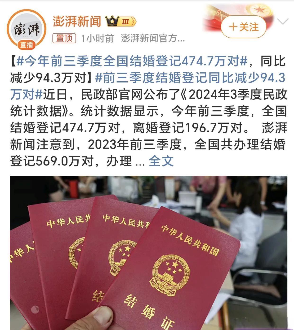 前三季度结婚登记同比减少94.3万对什么情况？前三季度我国结婚登记同比减少94.