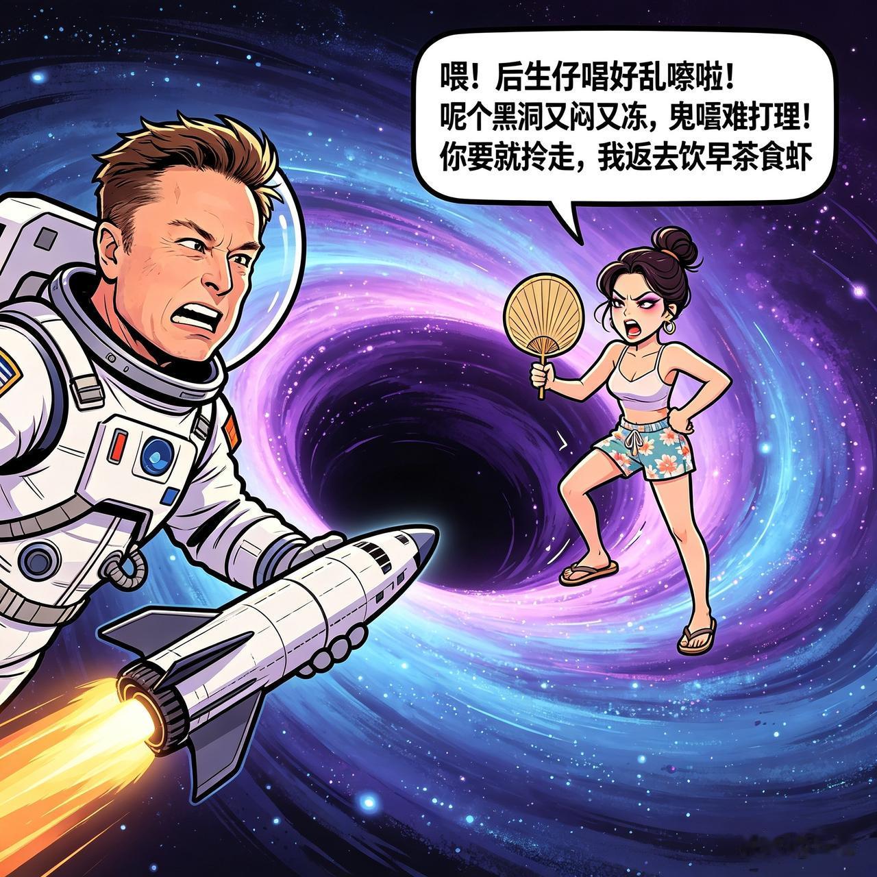 笑麻了！马斯克闯黑洞想占窝，广东靓女从黑窟窿钻出来：哩个破洞谁要谁拎走啦！

马