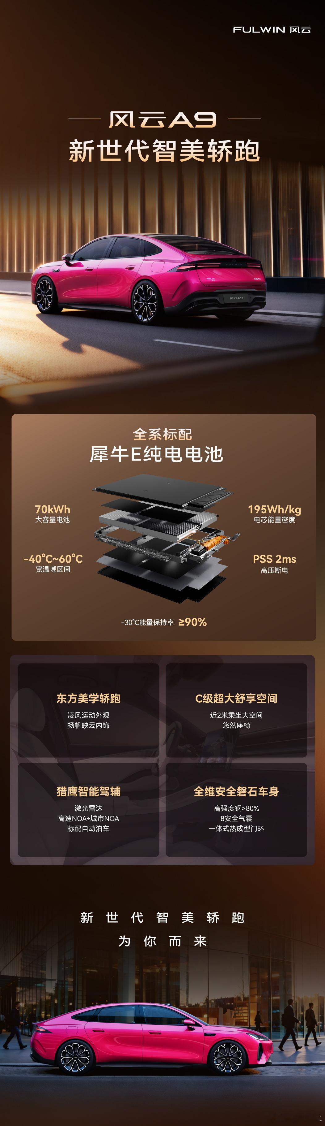 风云A9 全系标配犀牛E纯电电池定义纯电轿跑安全新标准2026年Q2即将上市，敬