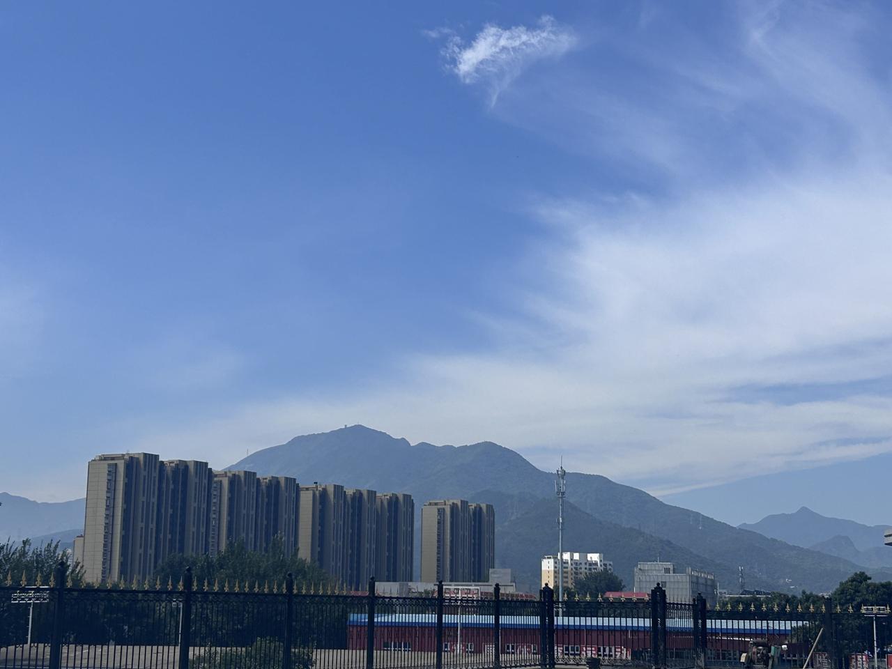 近处是黑色雕花铁艺围栏，围栏后方错落排布着成片现代高层住宅楼，楼体简洁硬朗。楼宇