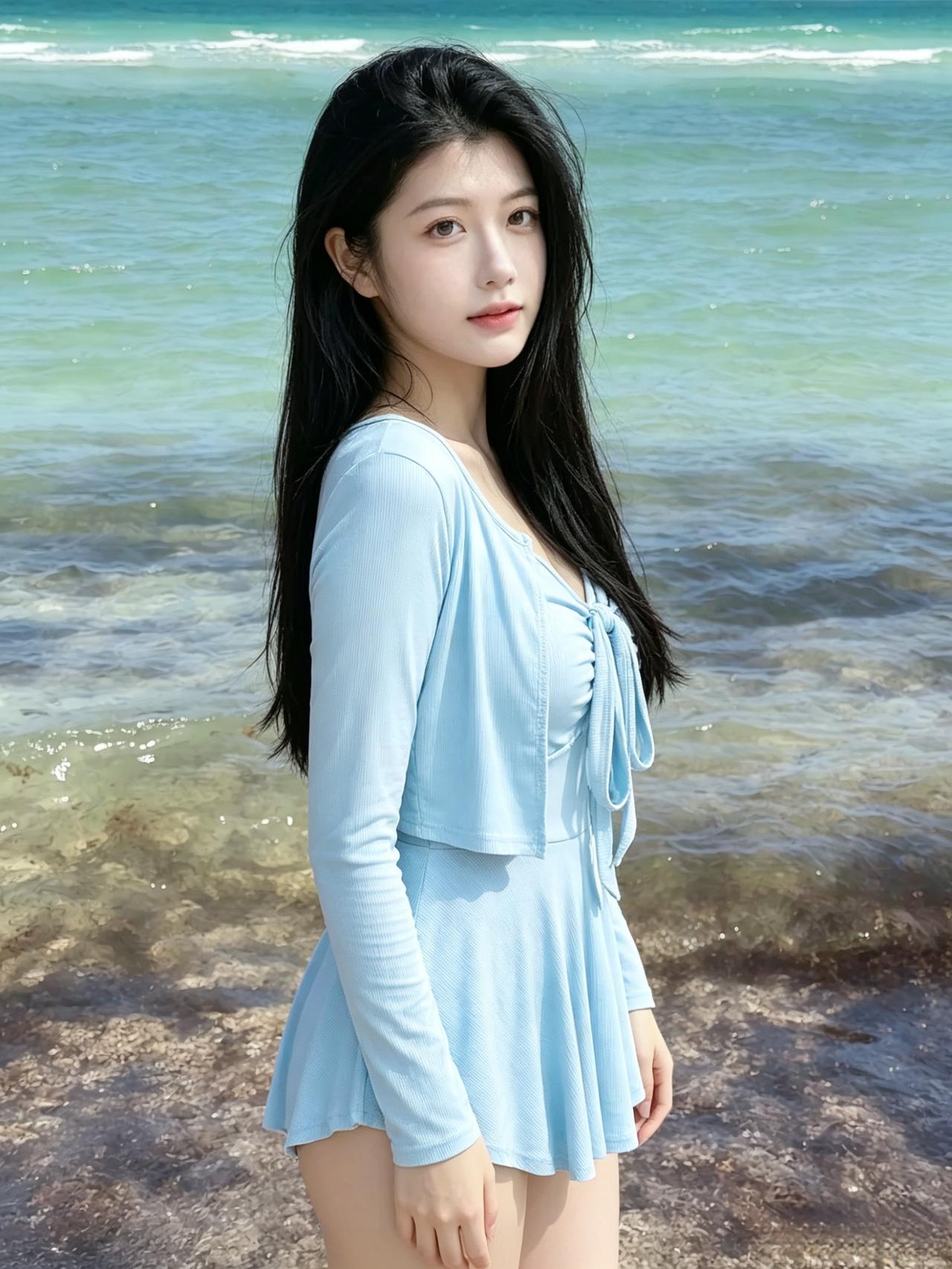浪卷碎光柔，晴沙映眼眸。
身姿轻似梦，海阔思悠悠。