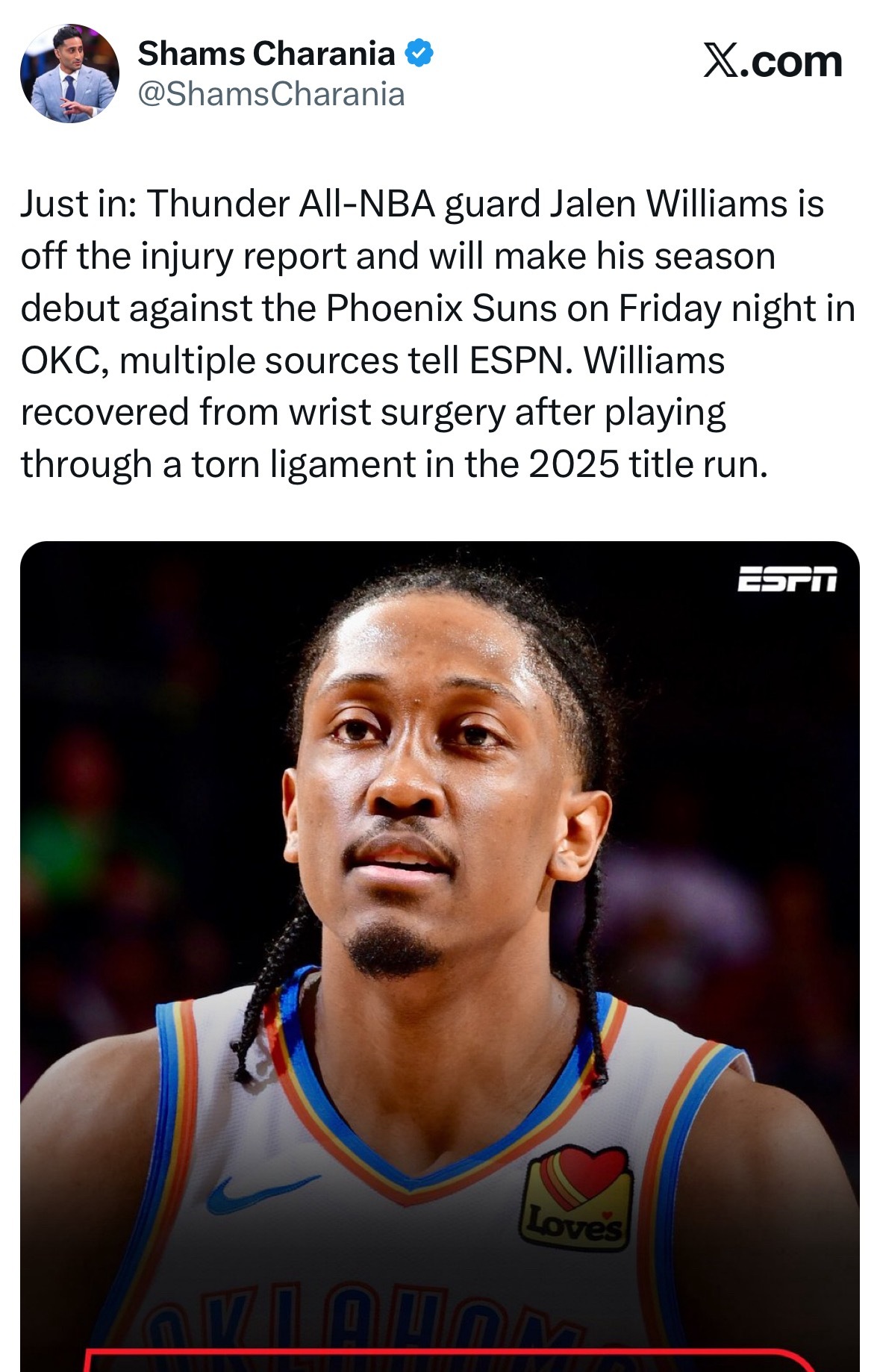 Shams：杰伦-威廉姆斯明日对阵太阳复出！ 