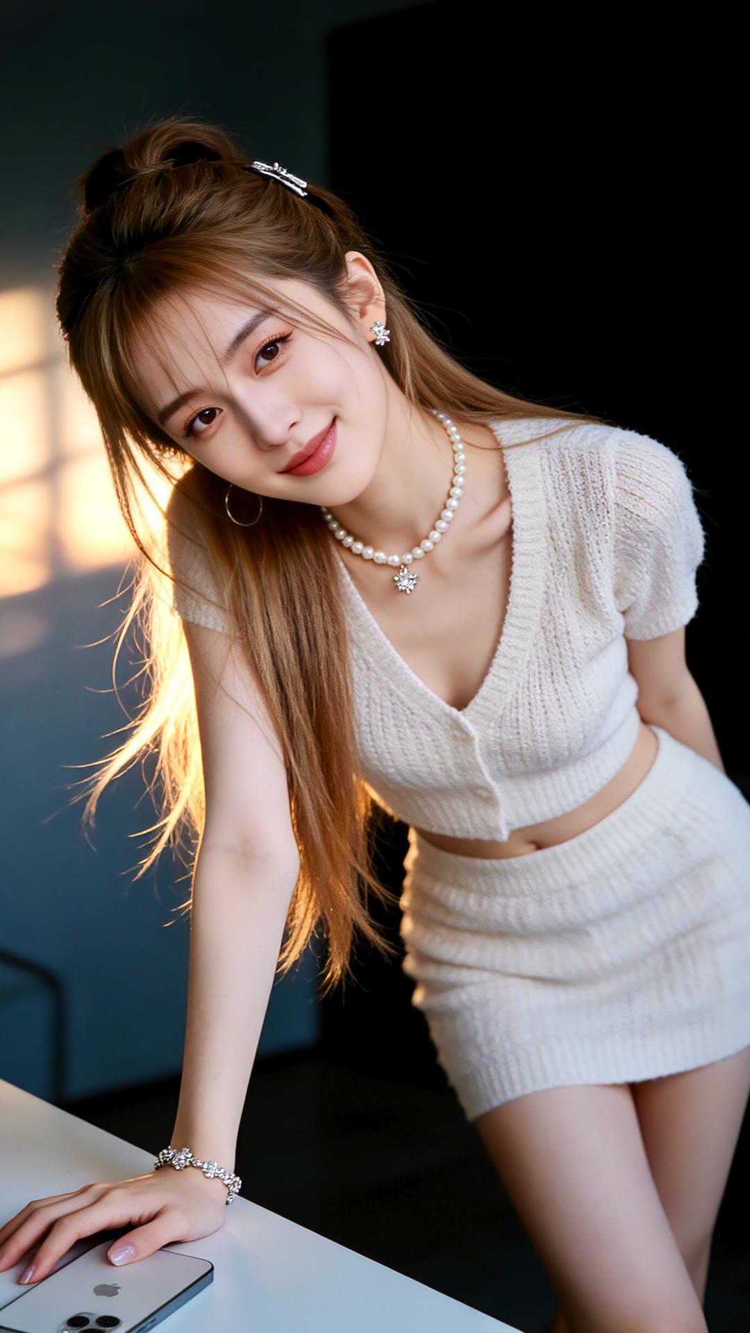 温柔甜美的少女，白色针织裙搭配珍珠项链，散发着优雅的气息。💖✨