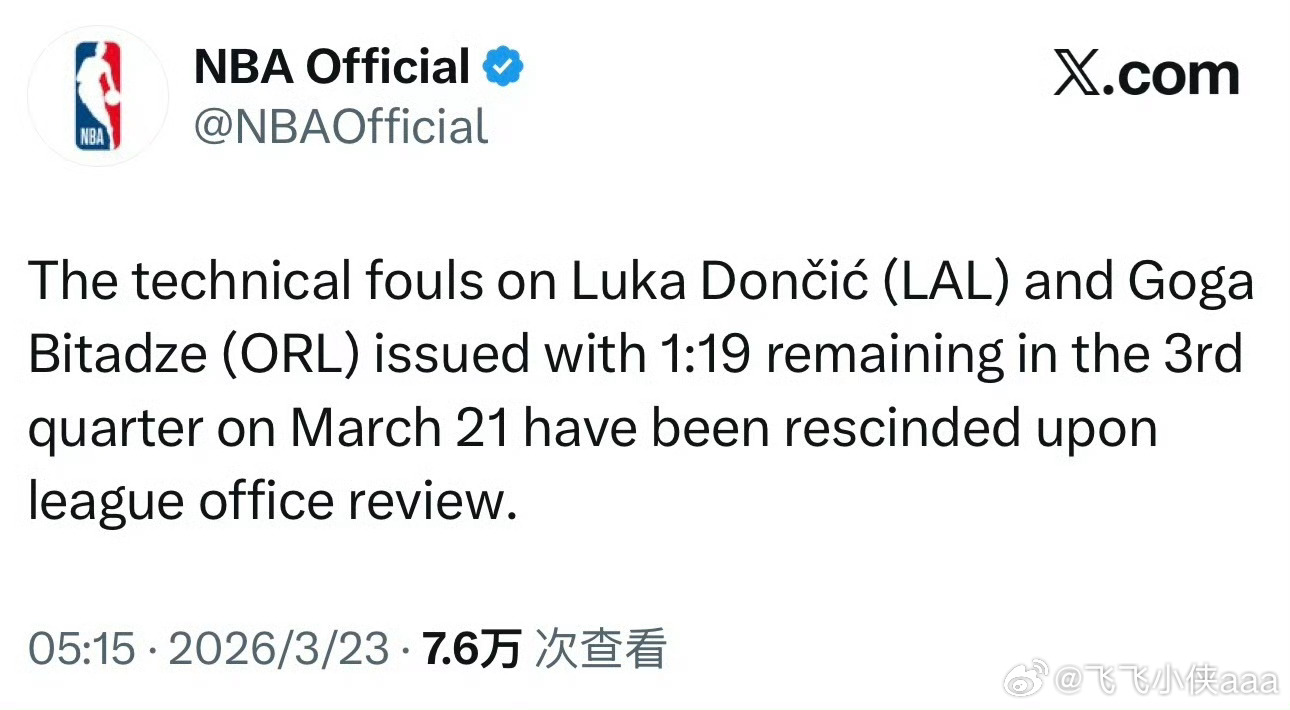 经过联盟裁判办公室的审查，撤销了东契奇昨天吃到的本赛季第16次技术犯规，因此他可