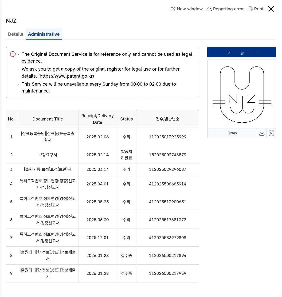 韩国知识产权局于 2026 年 1 月 28 日收到商标“NJZ”的信息提交。这