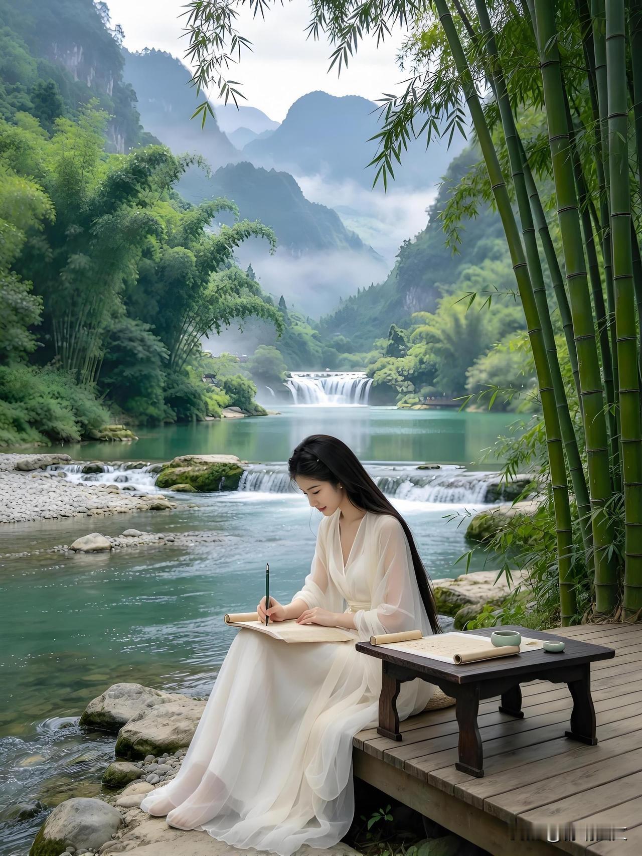 孱孱流水音乐声
湖面平静如面镜
美女提笔且从容
这副画面很心动
美人、美景、好安