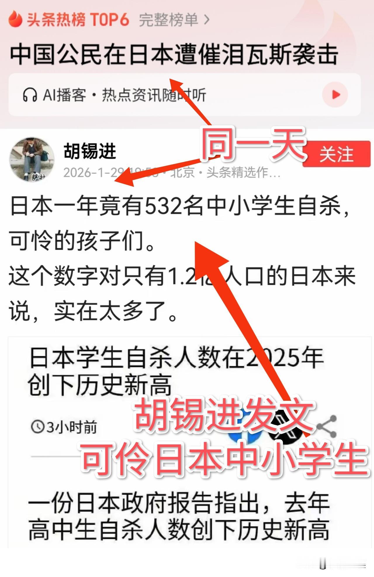 胡锡进为日本小孩发声！
称他们为“可怜的孩子们”？
胡锡进看到在日本每年有532