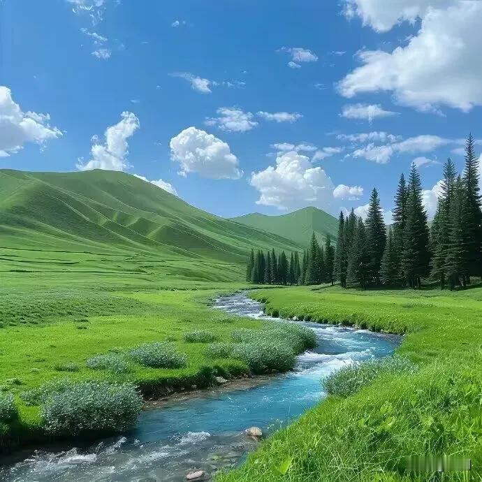 【七绝·一湾涧水】
一湾涧水绿幽长，
几许松风带夏凉。
解带宽衣无什事，
欣然枕