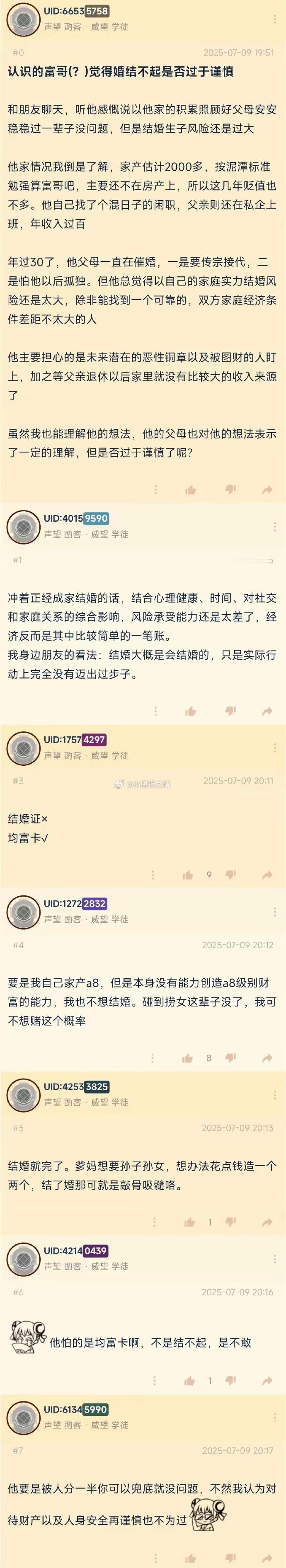 连资产2000万的富哥都害怕结婚了。​有网友发帖，说他朋友年过30了，家里资产估
