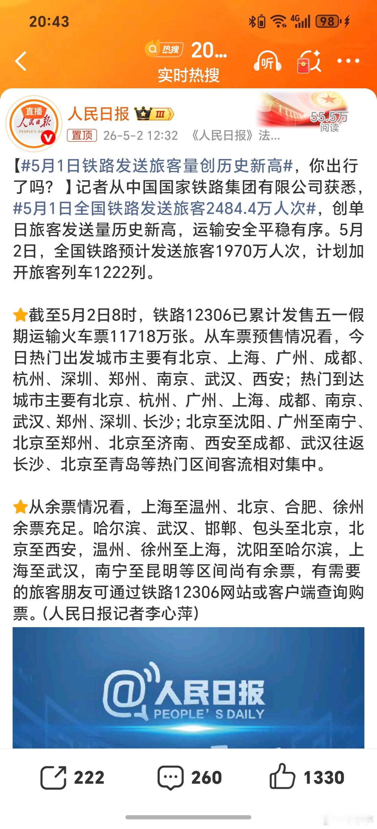 5月1日铁路发送旅客量创历史新高我国铁路的运载能力还是非常强的，基本想出行、规划