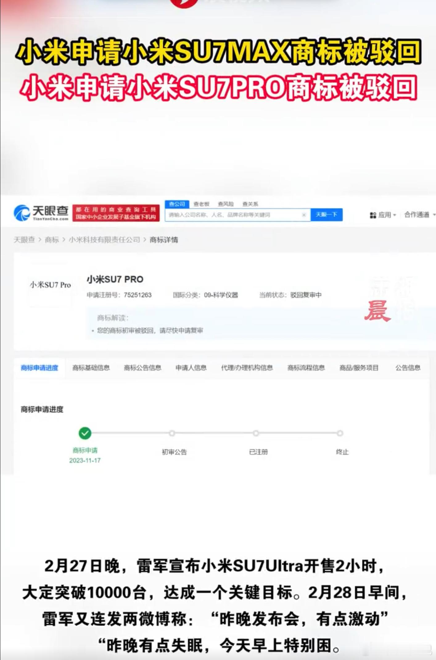小米申请小米SU7MAX商标被驳回  每个优秀的企业都会遇到自己的商标问题。大家