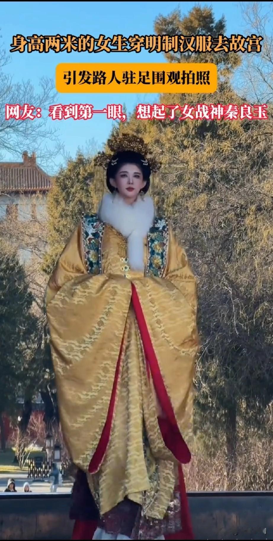 身高2m的女博主身穿明制汉服，
出现在北京的故宫，
瞬间引起了众多游客的观赏，