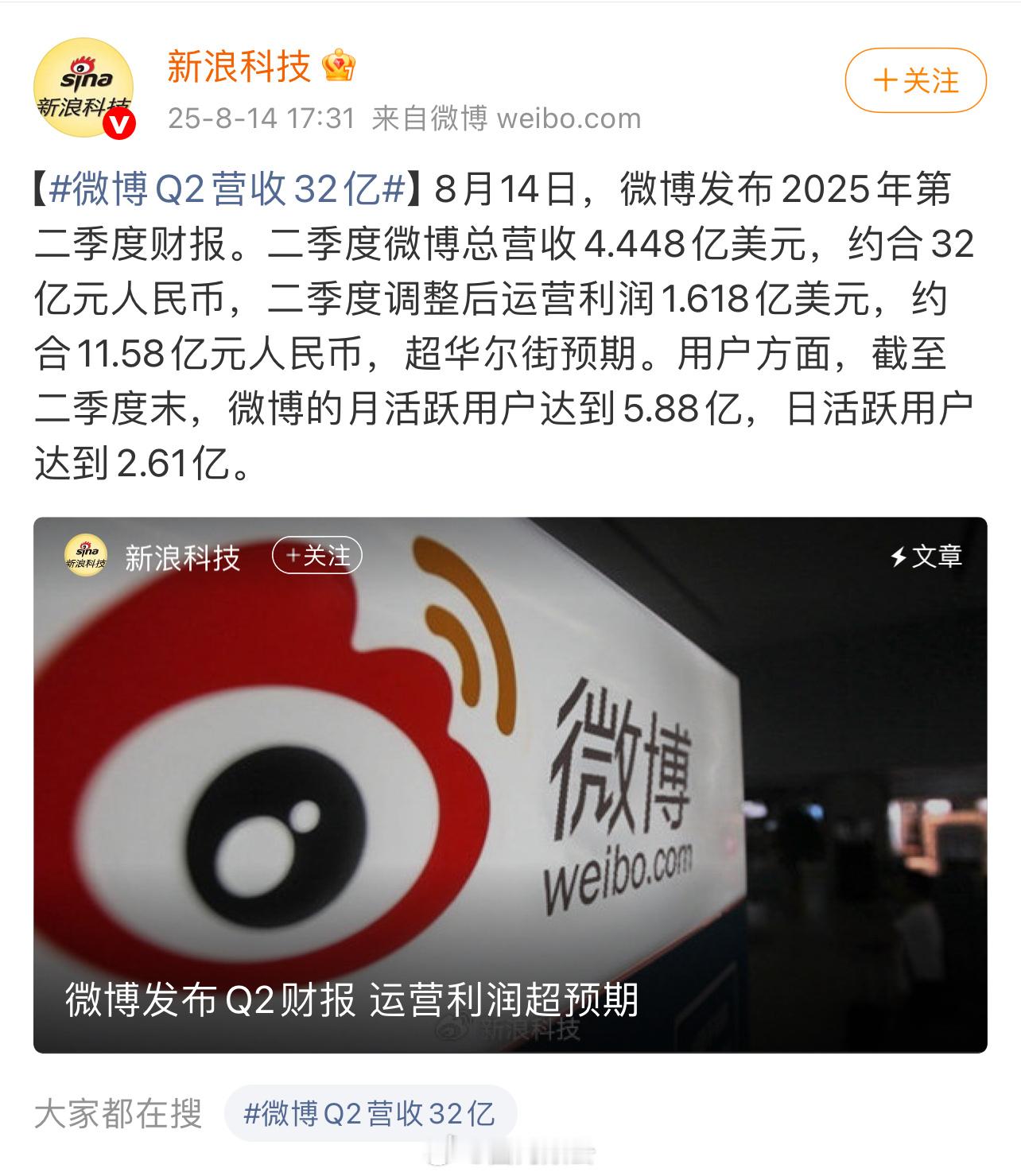 微博日活营收公布[吃惊]，营收 32 亿人民币，利润 11.58 人民币…… 月