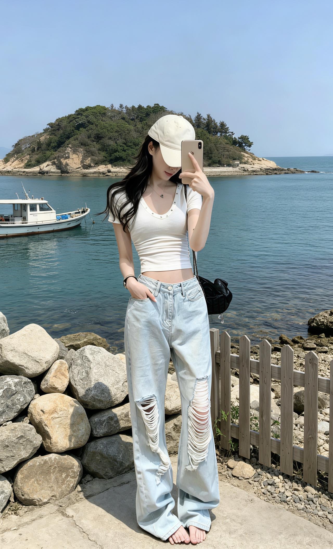 纯欲紧身短袖 夏季破洞牛仔裤搭配 高腰白色破洞牛仔裤 辣妹修身短袖t恤