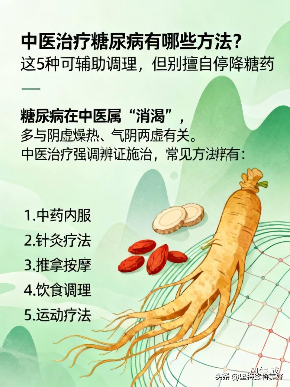 中医治疗糖尿病有哪些方法？这5种可辅助调理，但别擅自停降糖药

糖尿病在中医属“