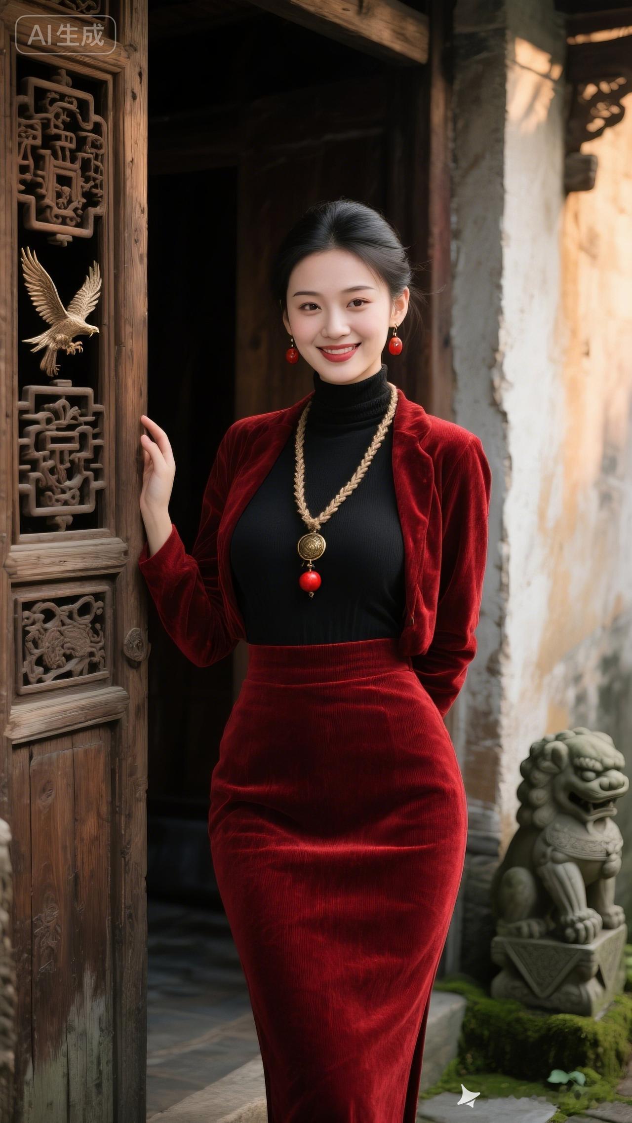 这姑娘穿着红色裙装，站在古风门前。