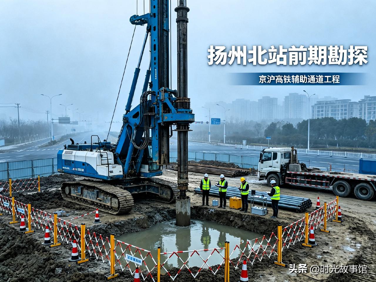 钻探机已经进场了！扬州北站这次真不是纸上谈兵。

下午刚去S611边上转了一圈，