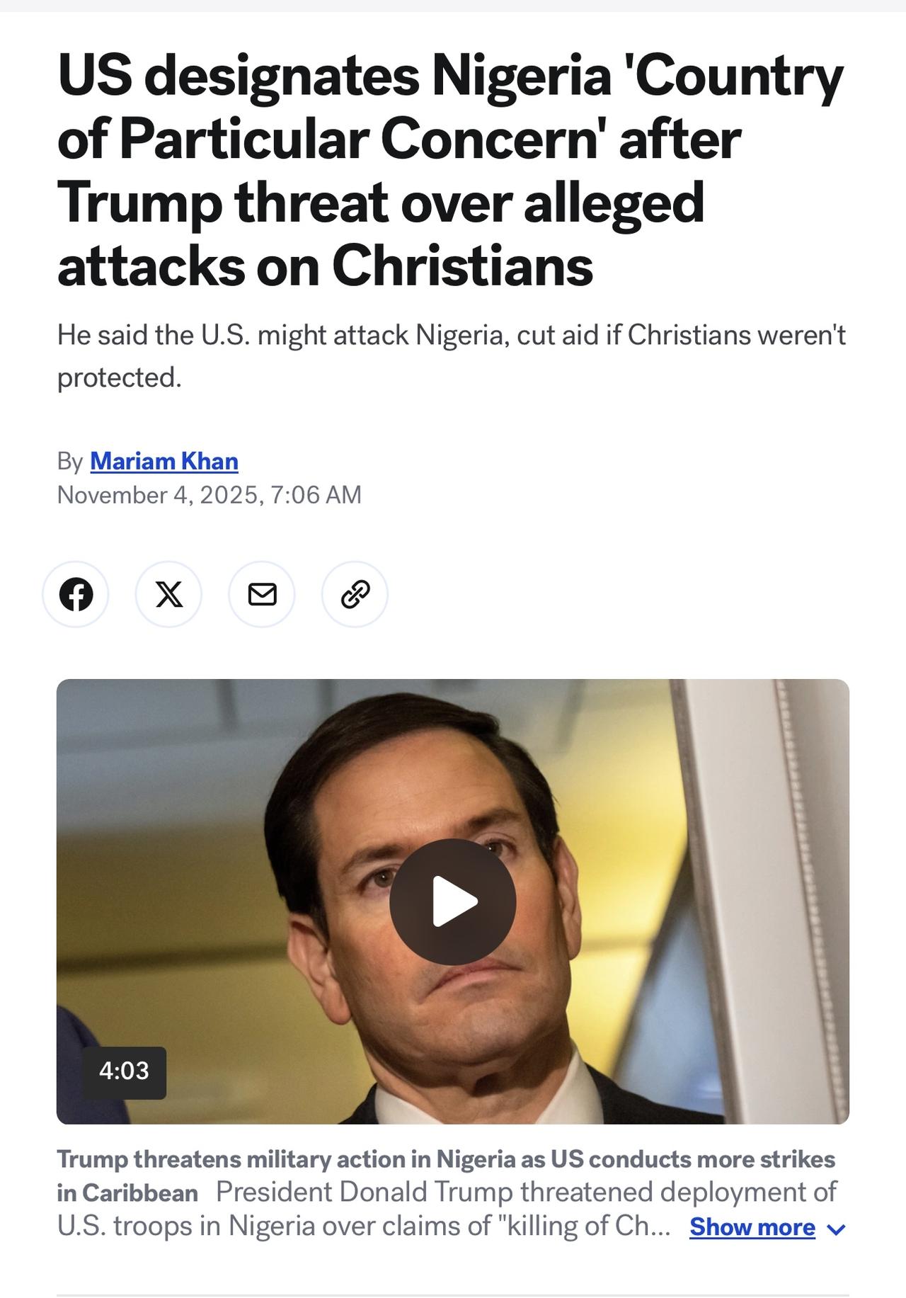 美国国务院周一正式更新了尼日利亚被指定为“特别关注国家”（Country of 